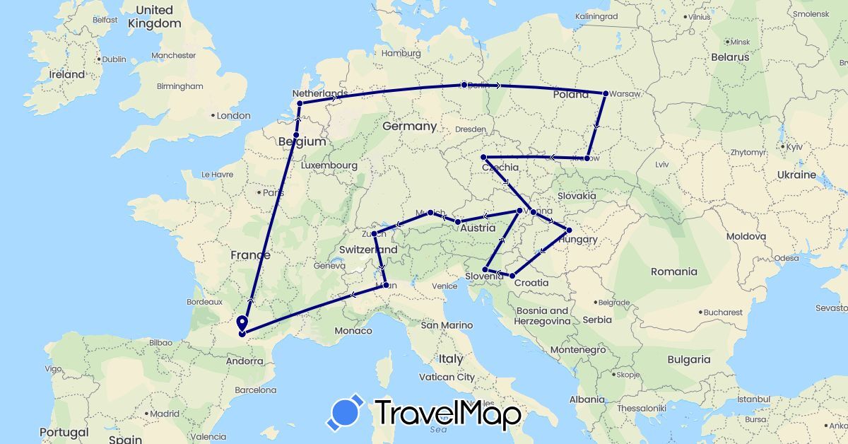 TravelMap itinerary: driving in Austria, Belgium, Switzerland, Czech Republic, Germany, France, Croatia, Hungary, Italy, Netherlands, Poland, Slovenia, Slovakia (Europe)